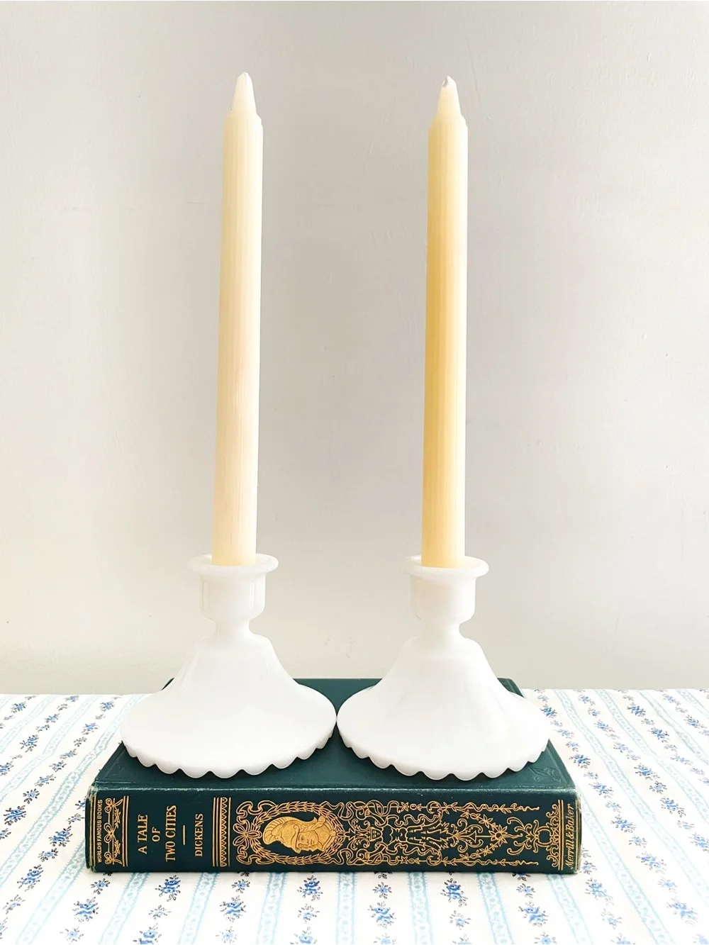 Vintage White Milk Glass Taper Candle Holders Pair - Scalloped Pie Crust Base